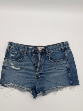 High-Rise Mini Shorts - Button Fly, Blue Sz. 12